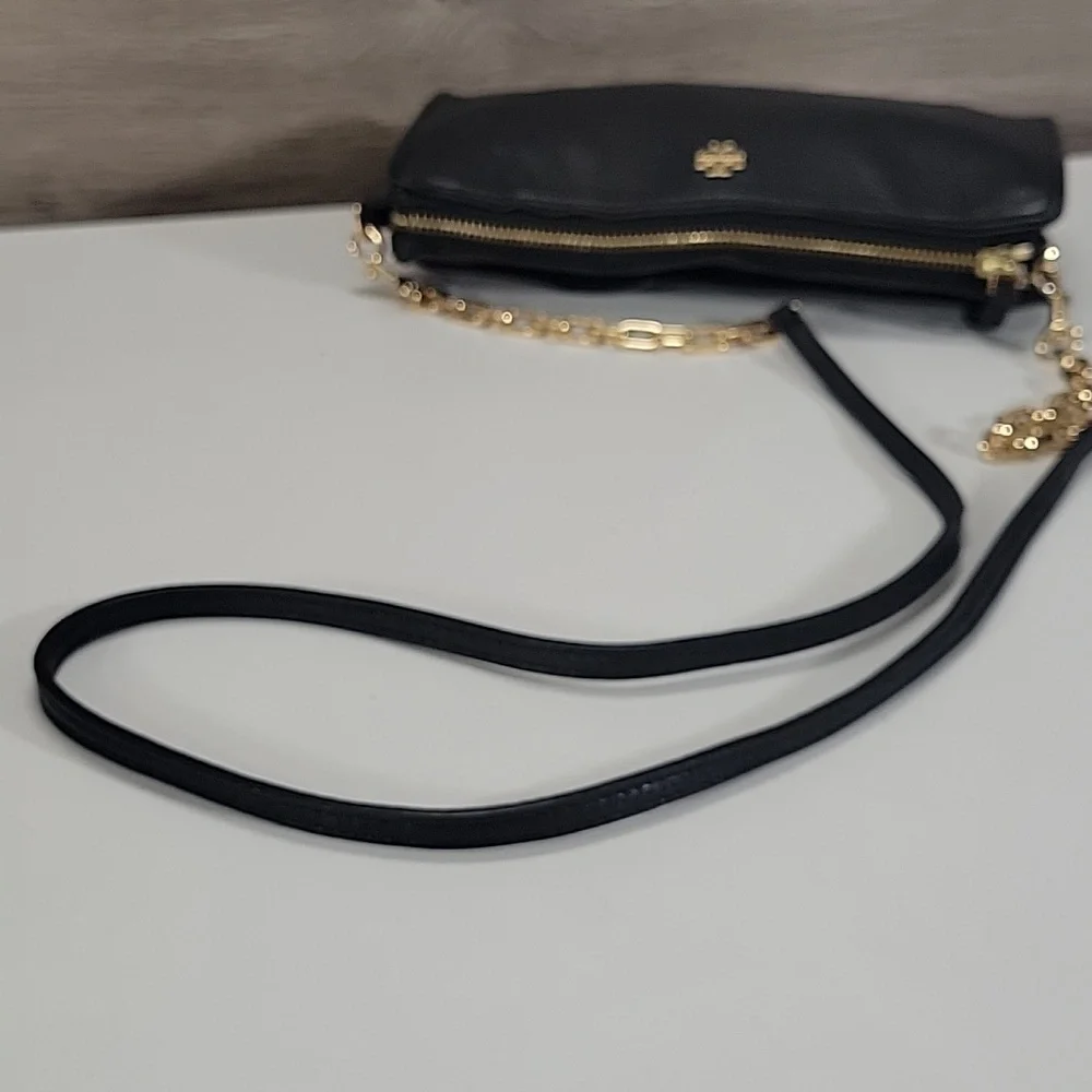 Tory Burch Black Leather Crossbody with Gold Chain Accents